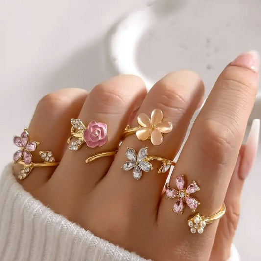 Colorful Flower Adjustable Ring Set - Diane Jewelry