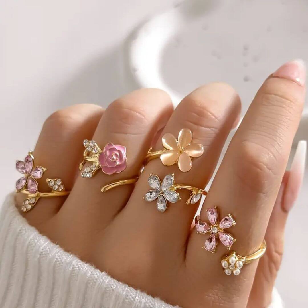 Colorful Flower Adjustable Ring Set - Diane Jewelry