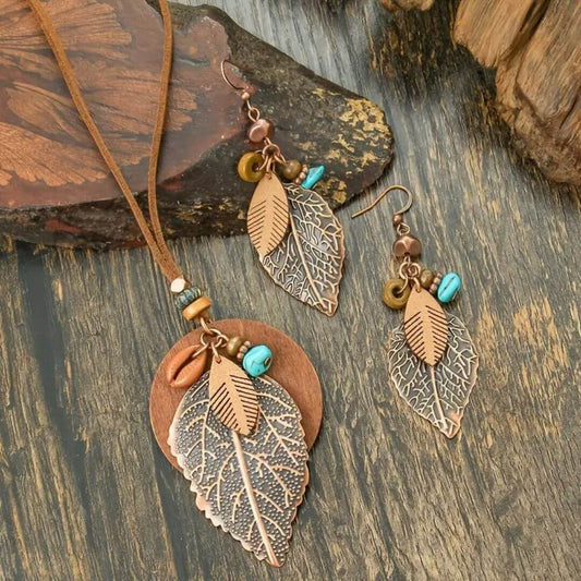 Boho Leaf Necklace Earring Set - Diane Jewelry