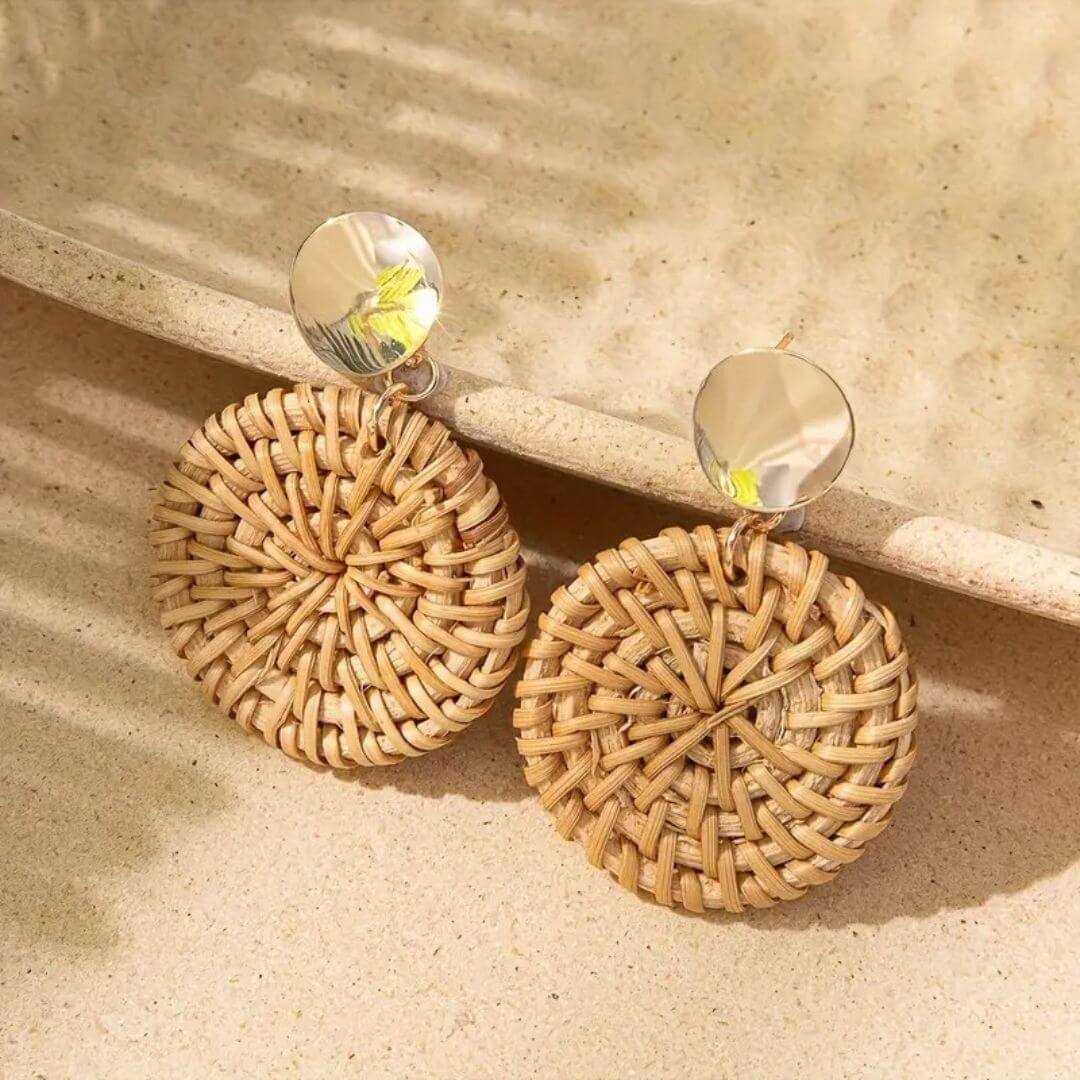 Boho Rattan Circle Drop Earrings - Diane Jewelry