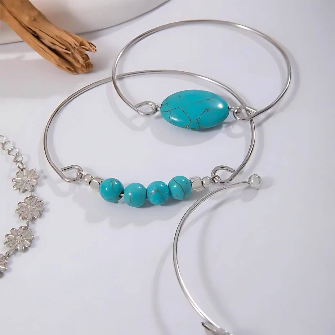 Boho Turquoise Silver Bracelet Set - Diane Jewelry
