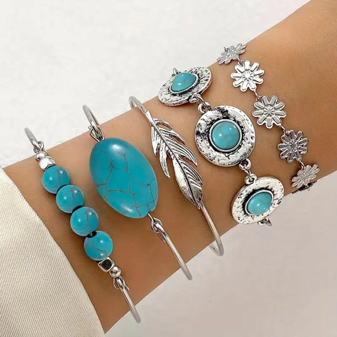 Boho Turquoise Silver Bracelet Set - Diane Jewelry