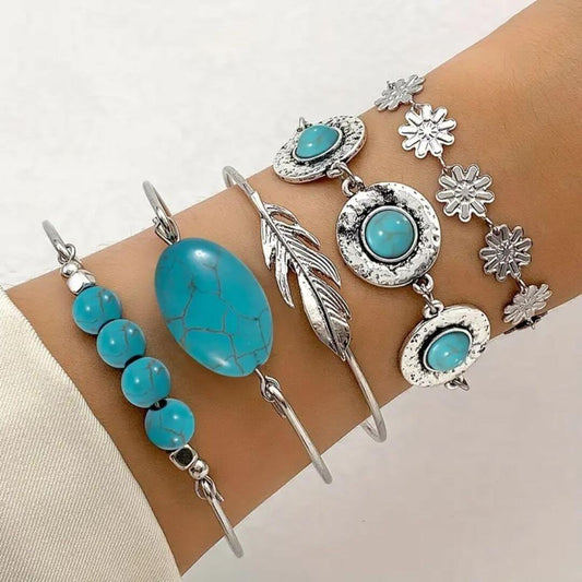 Boho Turquoise Silver Bracelet Set - Diane Jewelry