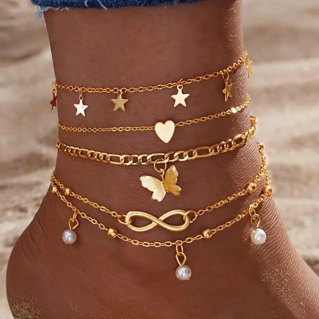 Gold Charm Layered Anklet Set - Diane Jewelry