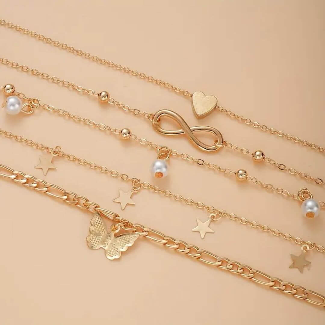 Gold Charm Layered Anklet Set - Diane Jewelry