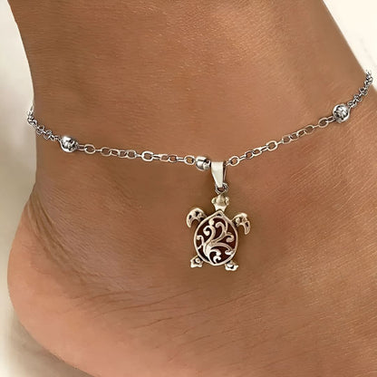 Silver Turtle Pendant Chain Anklet - Diane Jewelry