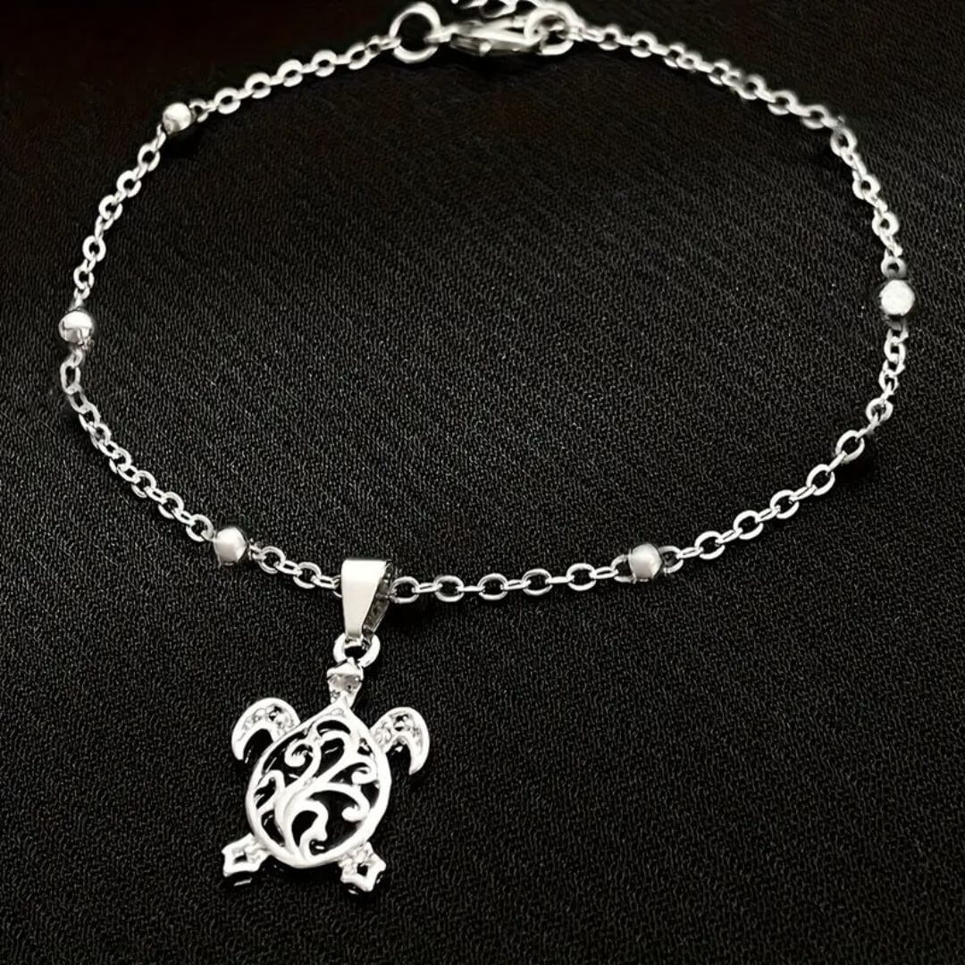 Silver Turtle Pendant Chain Anklet - Diane Jewelry