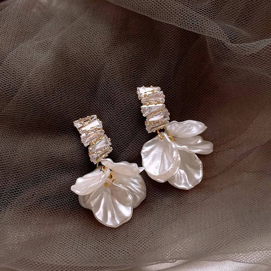 Gold Crystal Pearl Petal Earrings - Diane Jewelry