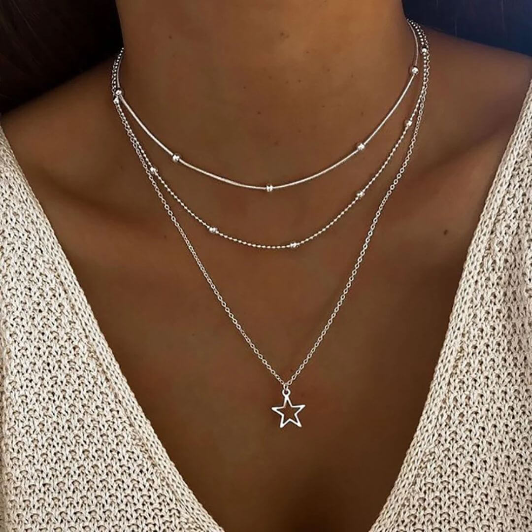 Silver Layered Star Choker Necklace - Diane Jewelry