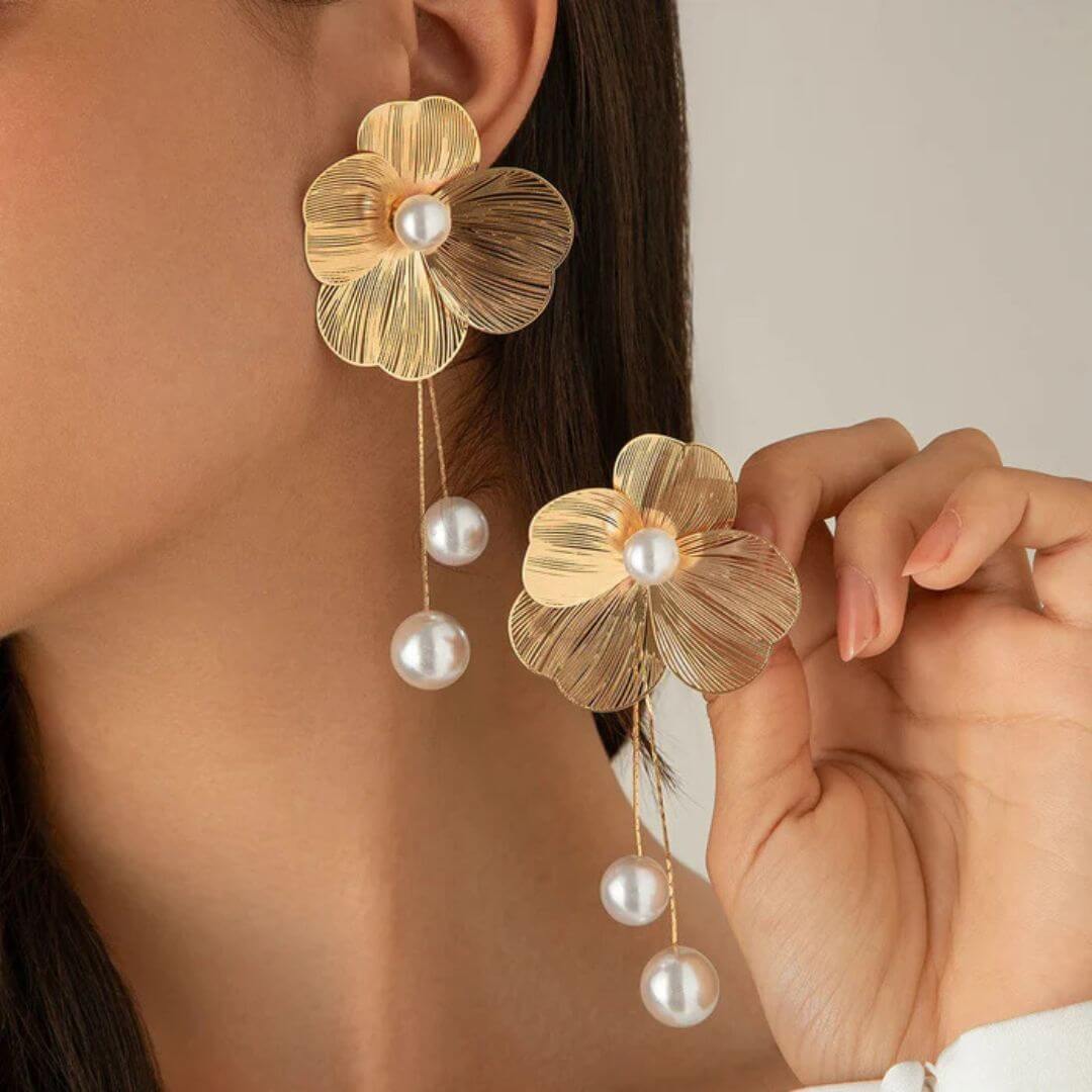 Gold Flower Pearl Drop Earrings - Diane Jewelry