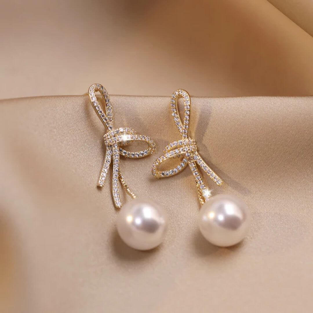Gold Bow Pearl Drop Earrings - Diane Jewelry