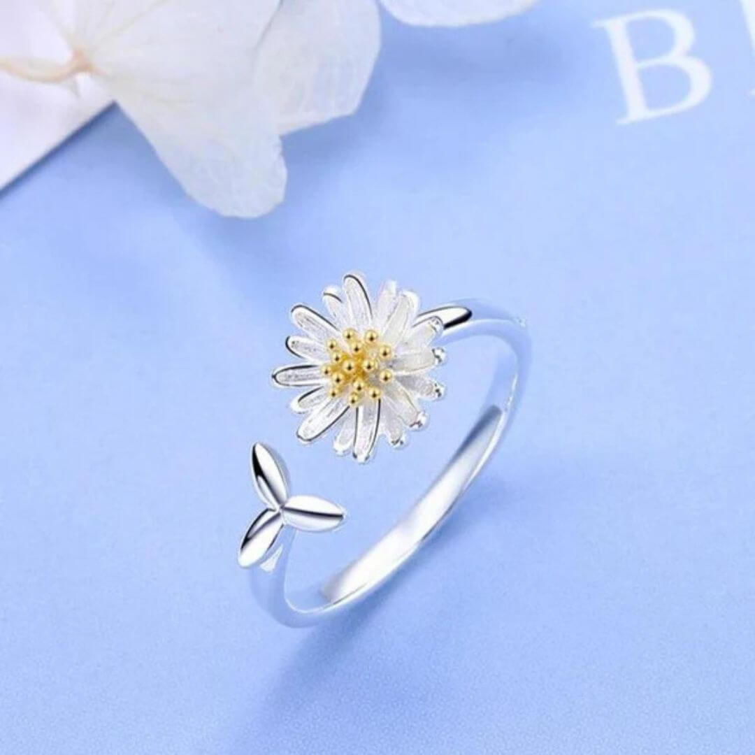 Silver Daisy Adjustable Flower Ring - Diane Jewelry