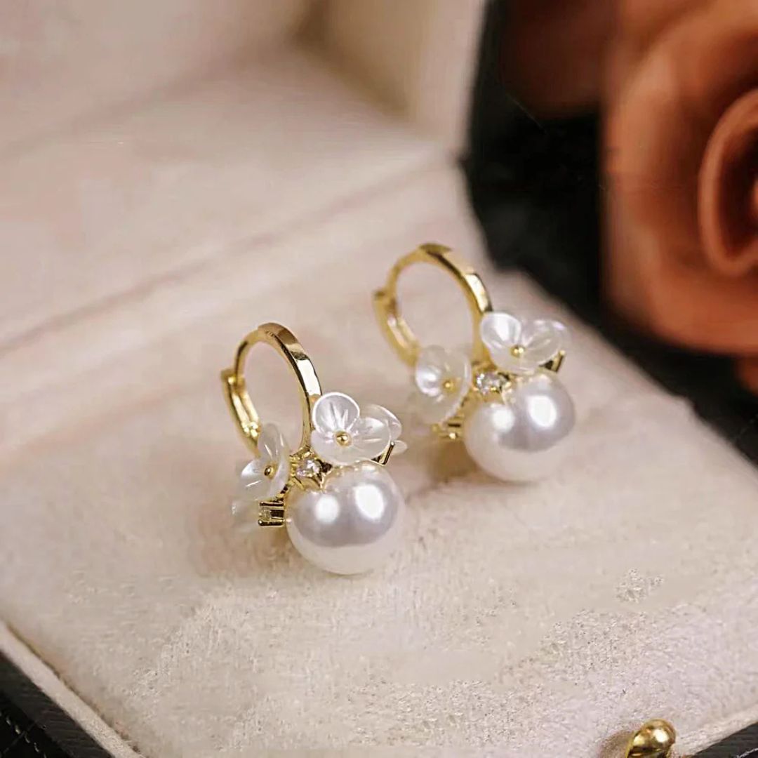 Floral Pearl Drop Hoop Earrings - Diane Jewelry