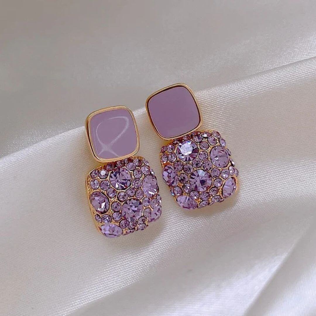 Purple Crystal Square Drop Earrings - Diane Jewelry