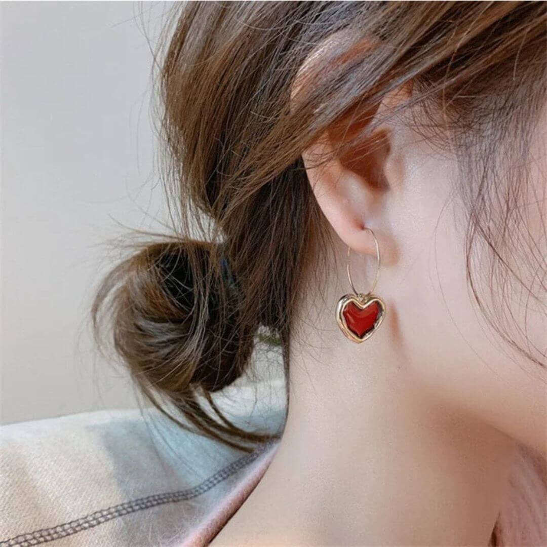 Red Heart Gold Hoop Earrings - Diane Jewelry