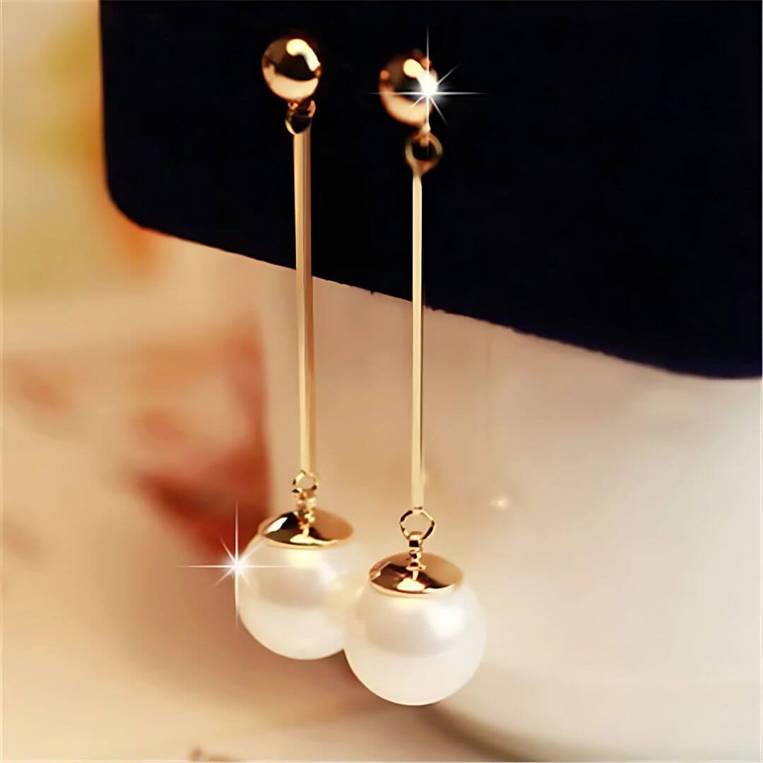 Gold Pearl Long Drop Earrings - Diane Jewelry
