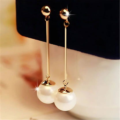 Gold Pearl Long Drop Earrings - Diane Jewelry