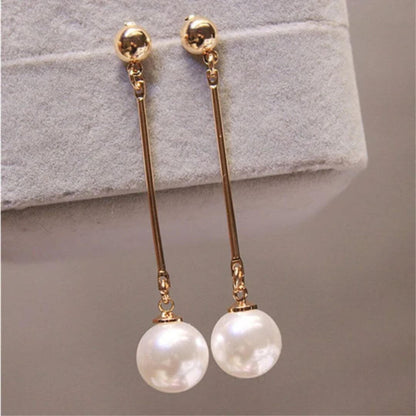 Gold Pearl Long Drop Earrings - Diane Jewelry