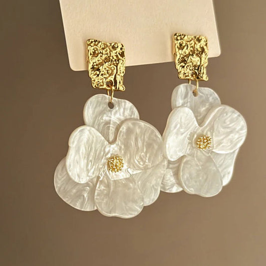 White Floral Resin Drop Earrings - Diane Jewelry