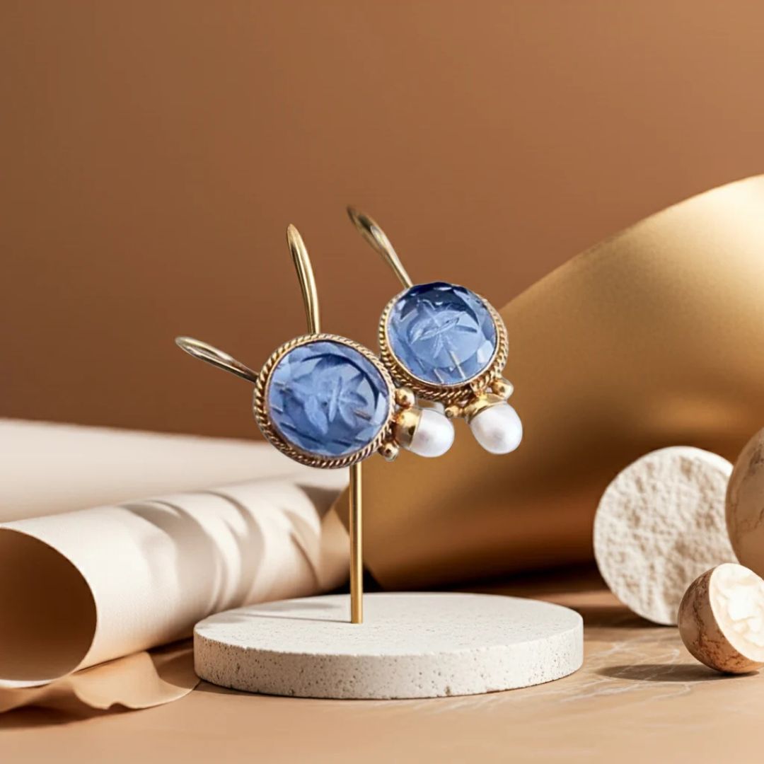 Blue Carved Gemstone Pearl Earrings - Diane Jewelry