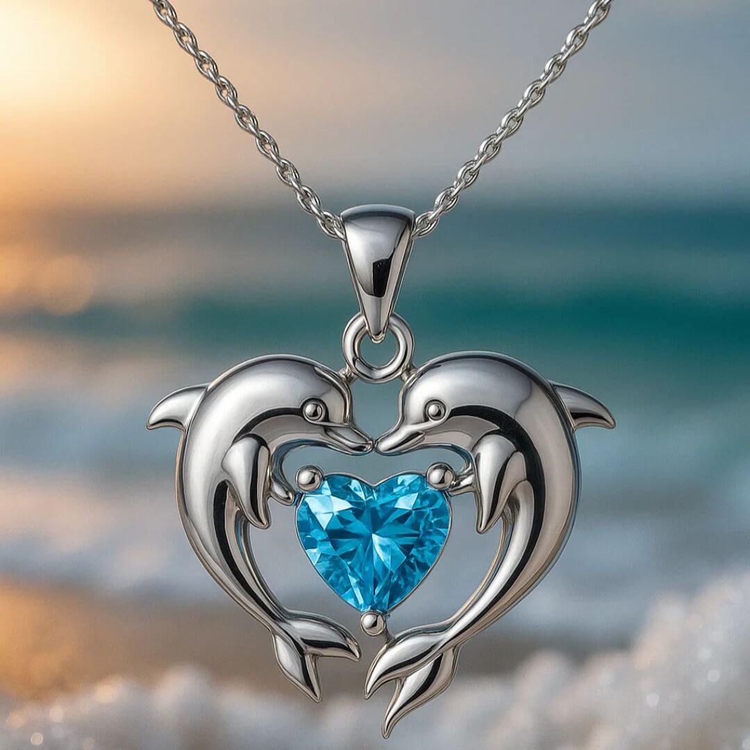 Dolphin Heart Blue Crystal Necklace - Diane Jewelry