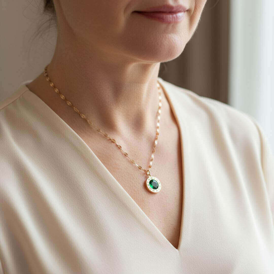 Gold Roman Numeral Emerald Necklace Emma & Noah Jewelry