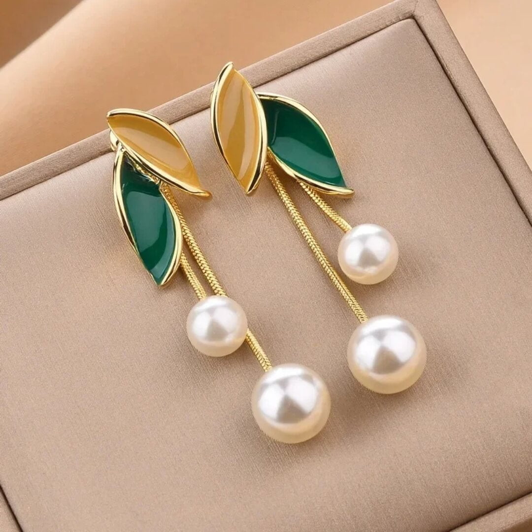 Leaf Pearl Long Drop Earrings - Diane Jewelry