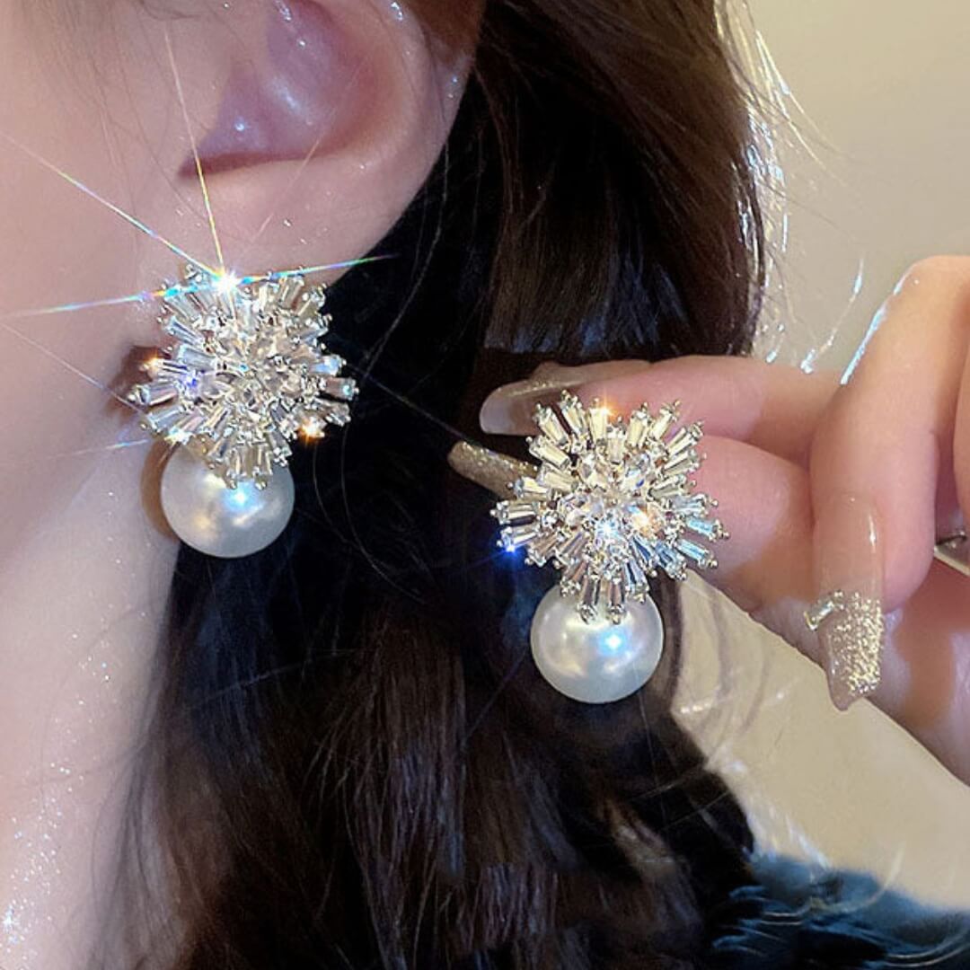 Crystal Pearl Snowflake Drop Earrings - Diane Jewelry