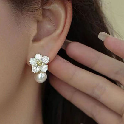 Crystal Flower Pearl Drop Earrings - Diane Jewelry