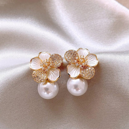 Crystal Flower Pearl Drop Earrings - Diane Jewelry