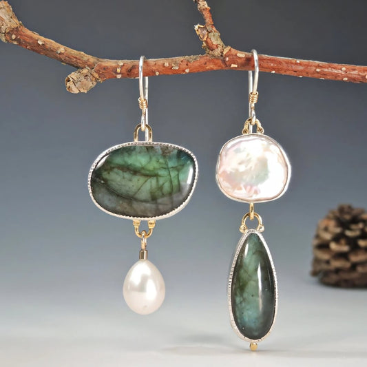 Asymmetrical Green Pearl Drop Earrings - Diane Jewelry