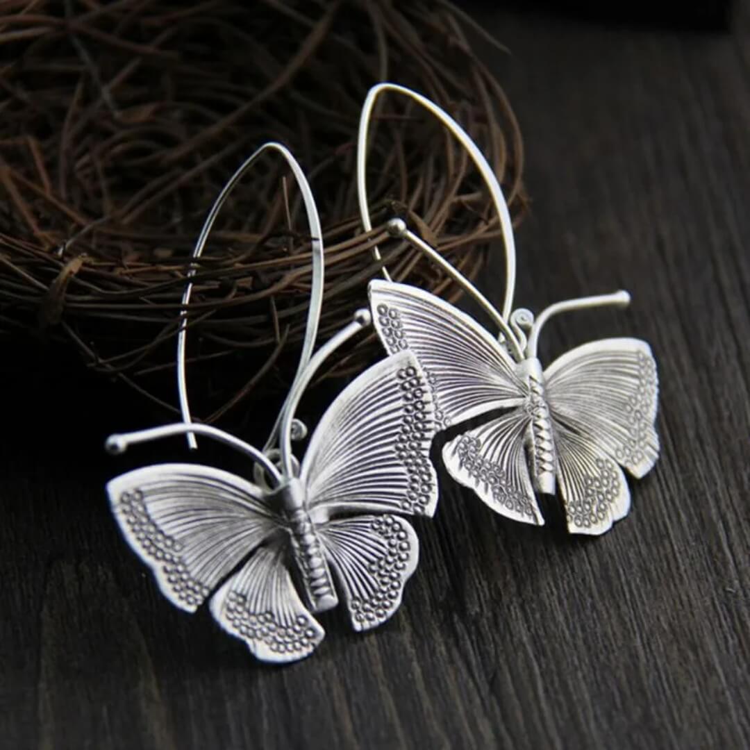 Vintage Silver Butterfly Drop Earrings - Diane Jewelry