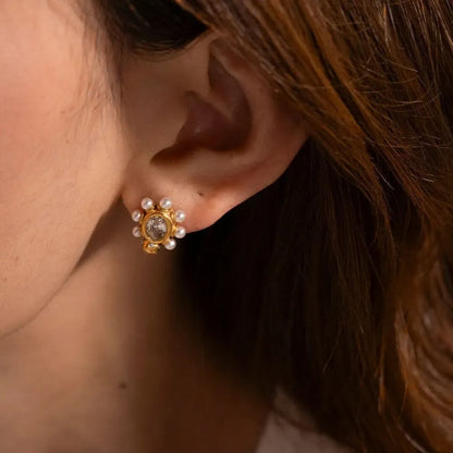 Gold Pearl Ethnic Stud Earrings - Diane Jewelry