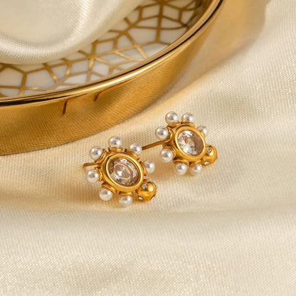 Gold Pearl Ethnic Stud Earrings - Diane Jewelry