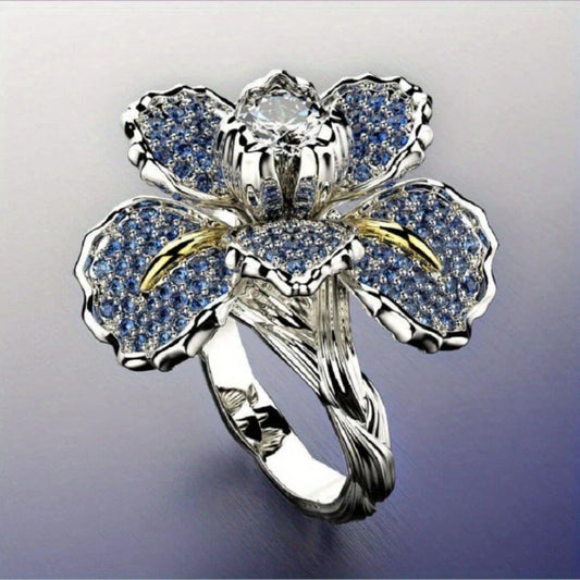 Blue Flower Crystal Cocktail Ring - Diane Jewelry