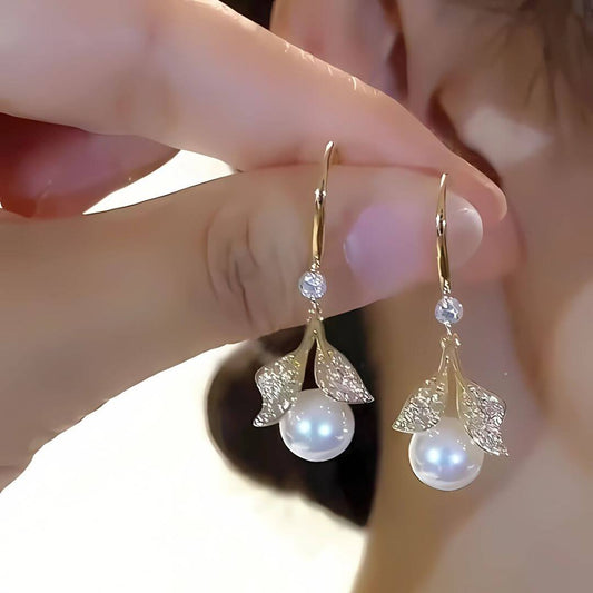 Gold Leaf Pearl Drop Earrings - Diane Jewelry