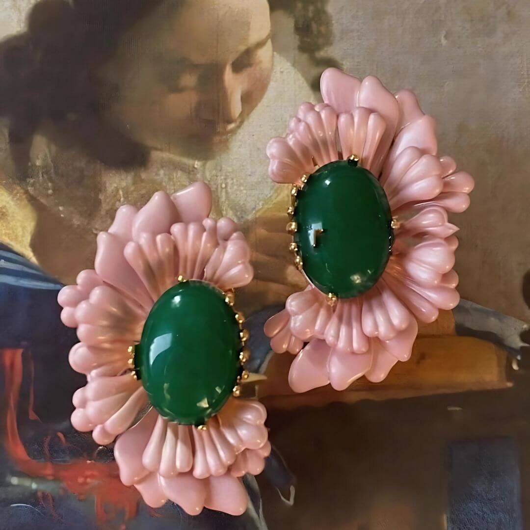 Pink Flower Green Stone Earrings - Diane Jewelry