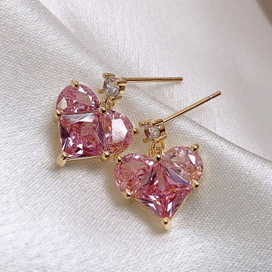 Pink Heart Crystal Drop Earrings - Diane Jewelry