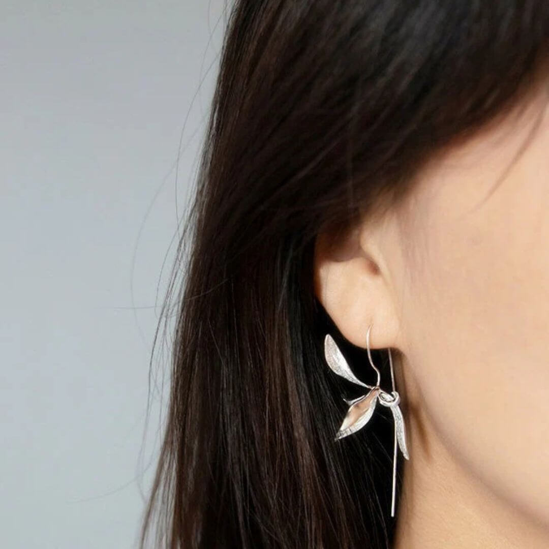 Silver Orchid Flower Drop Earrings - Diane Jewelry