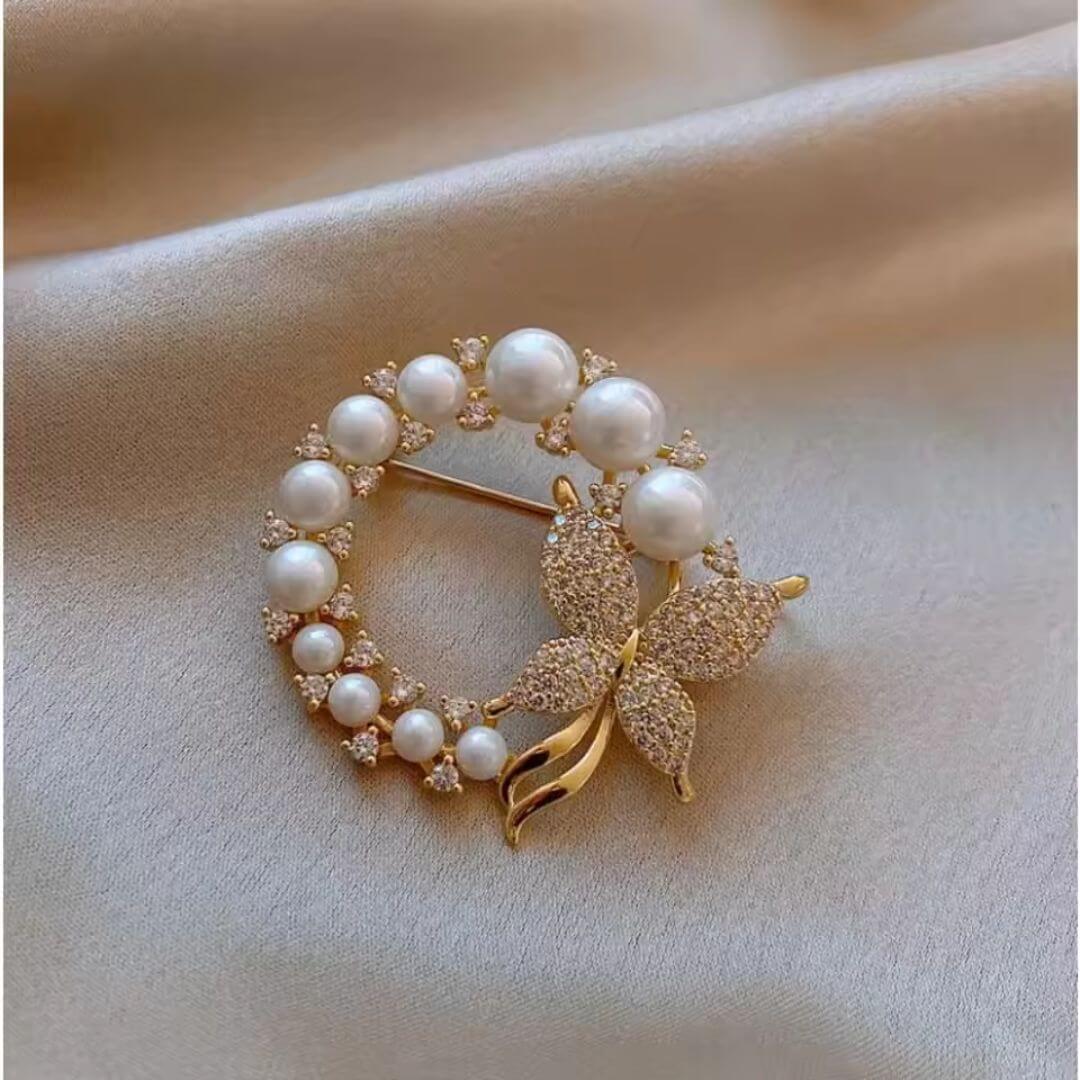 Pearl Butterfly Circle Brooch Pin - Diane Jewelry