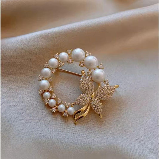Pearl Butterfly Circle Brooch Pin - Diane Jewelry
