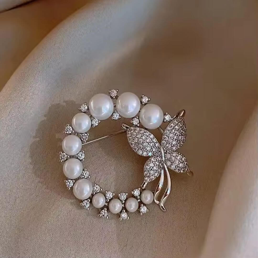 Pearl Butterfly Circle Brooch Pin - Diane Jewelry