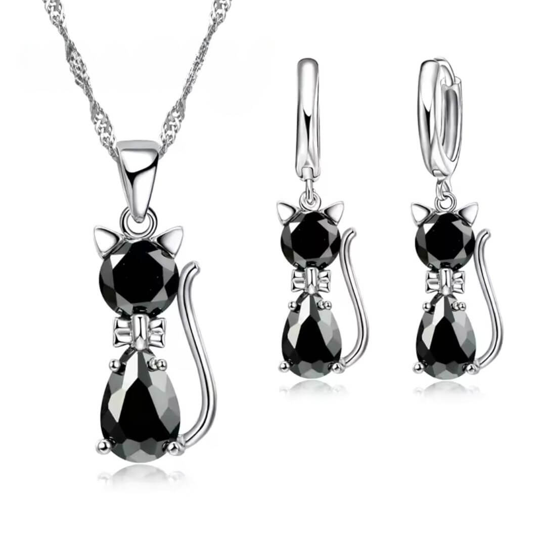Crystal Cat Necklace Earring Set - Diane Jewelry