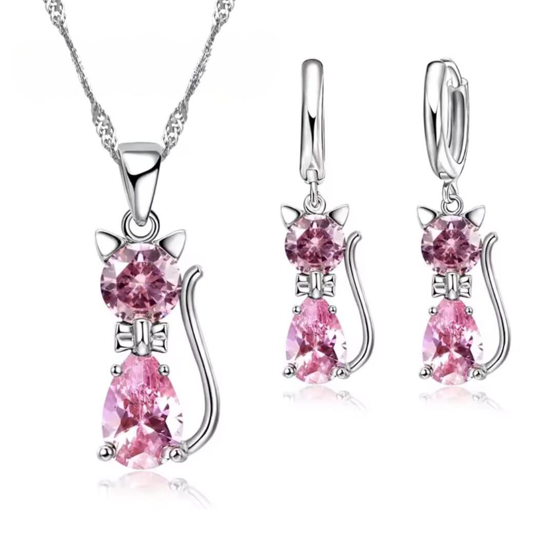 Crystal Cat Necklace Earring Set - Diane Jewelry