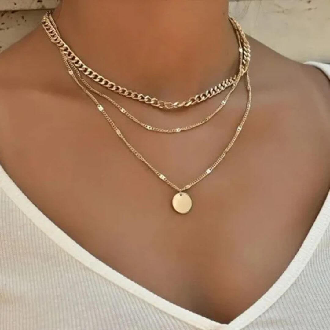 Gold Layered Chain Disc Necklace - Diane Jewelry