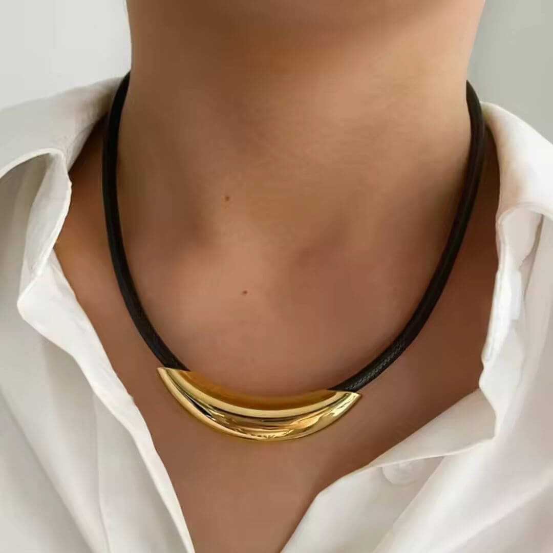 Gold Crescent Pendant Leather Necklace - Diane Jewelry
