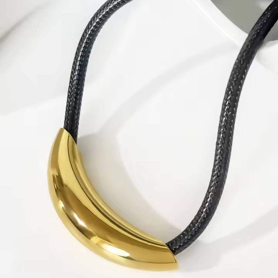 Gold Crescent Pendant Leather Necklace - Diane Jewelry