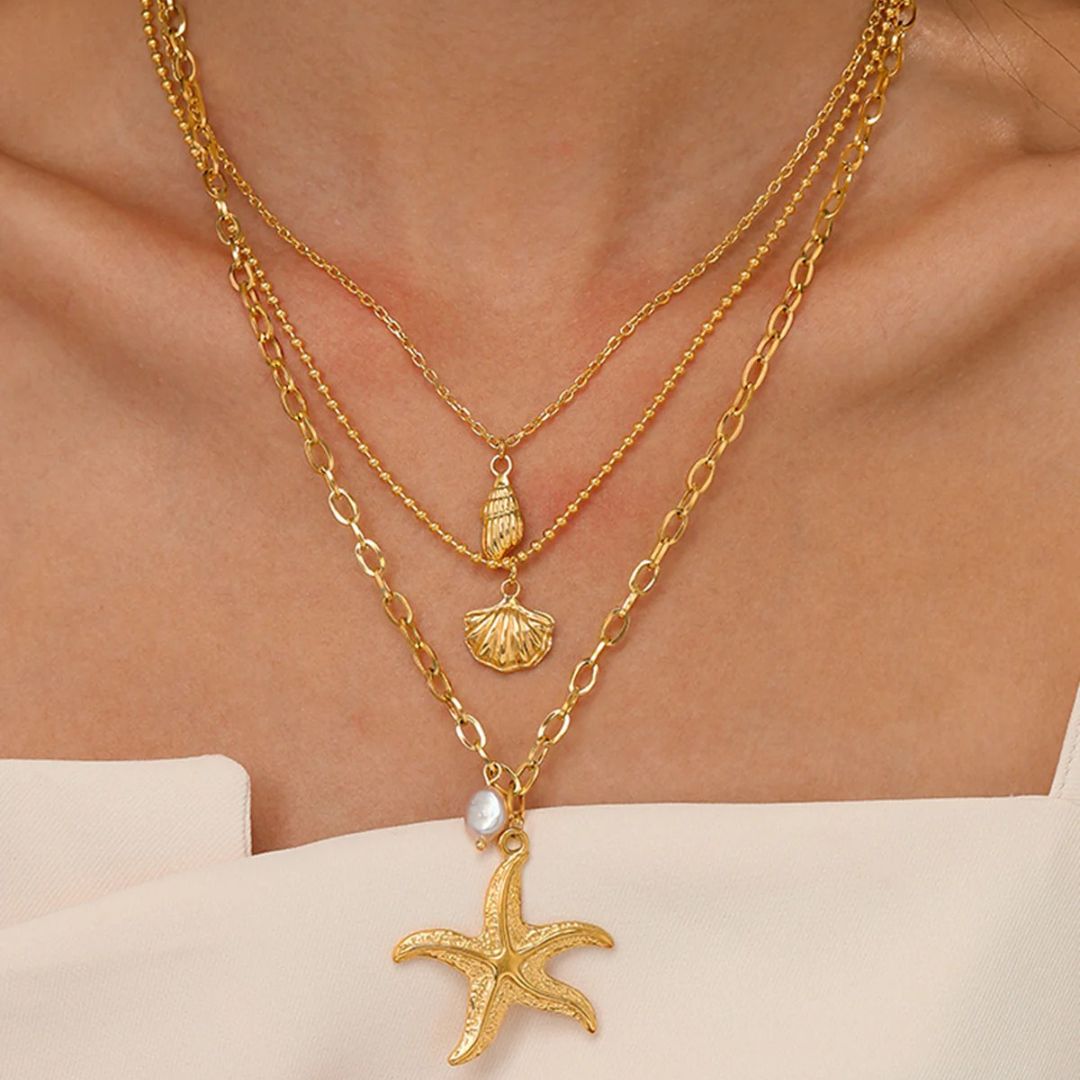 Gold Layered Starfish Shell Necklace - Diane Jewelry