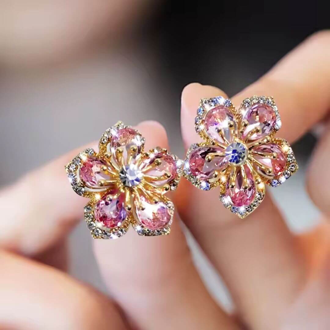 Pink Crystal Floral Stud Earrings - Diane Jewelry