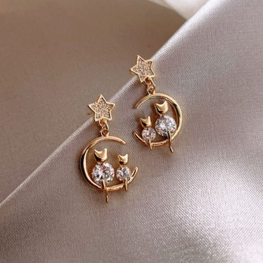 Gold Cat Moon Star Earrings - Diane Jewelry